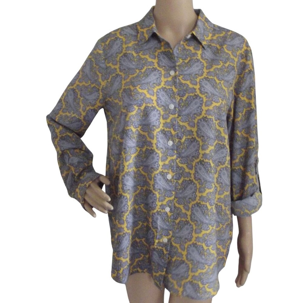 Michael Kors Blouse Womens Size Medium Button Down Roll Tab Blue Yellow Paisley